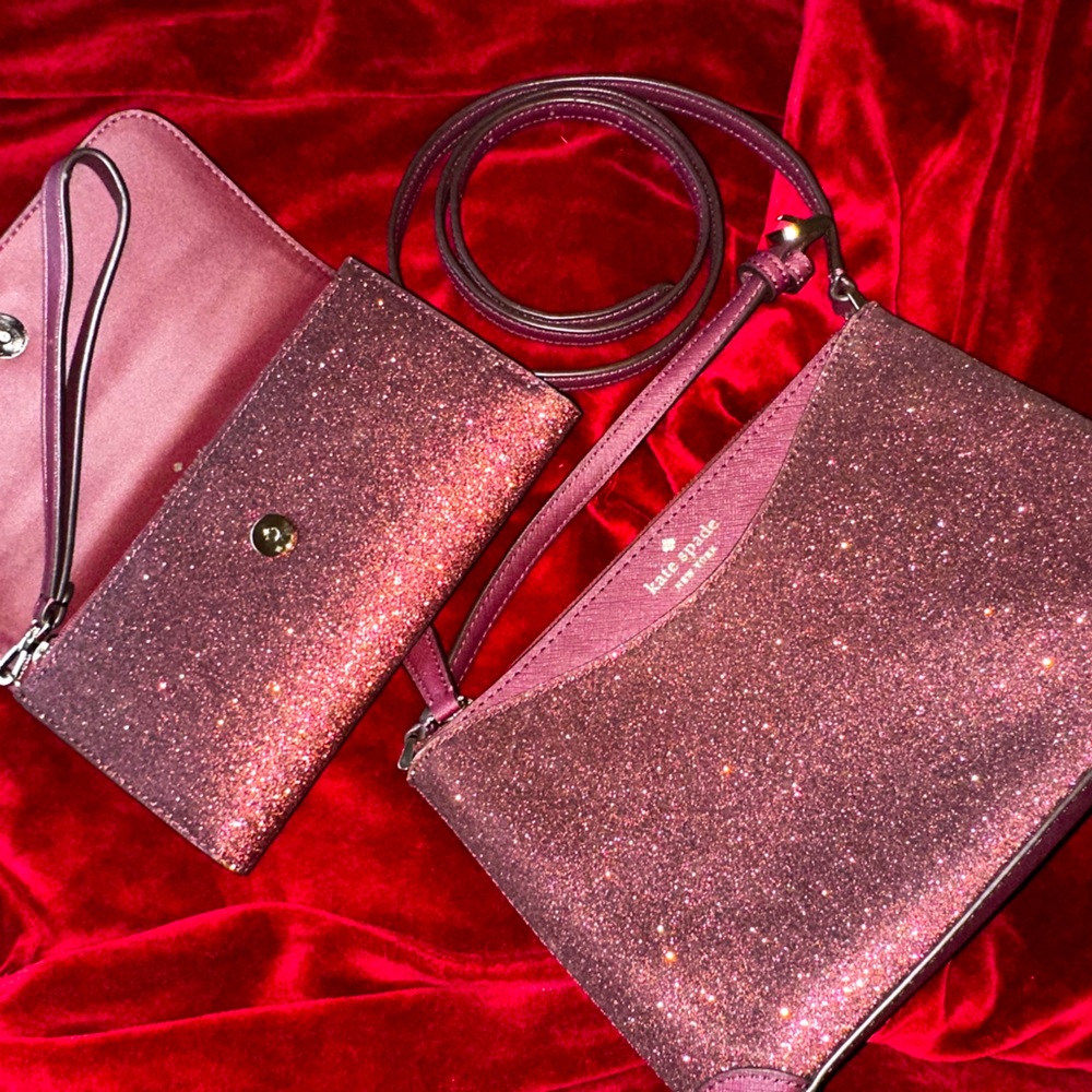 Kate Spade Burgundy/Plum Glitter Crossbody and Wristlet Set 🪩‼️👛